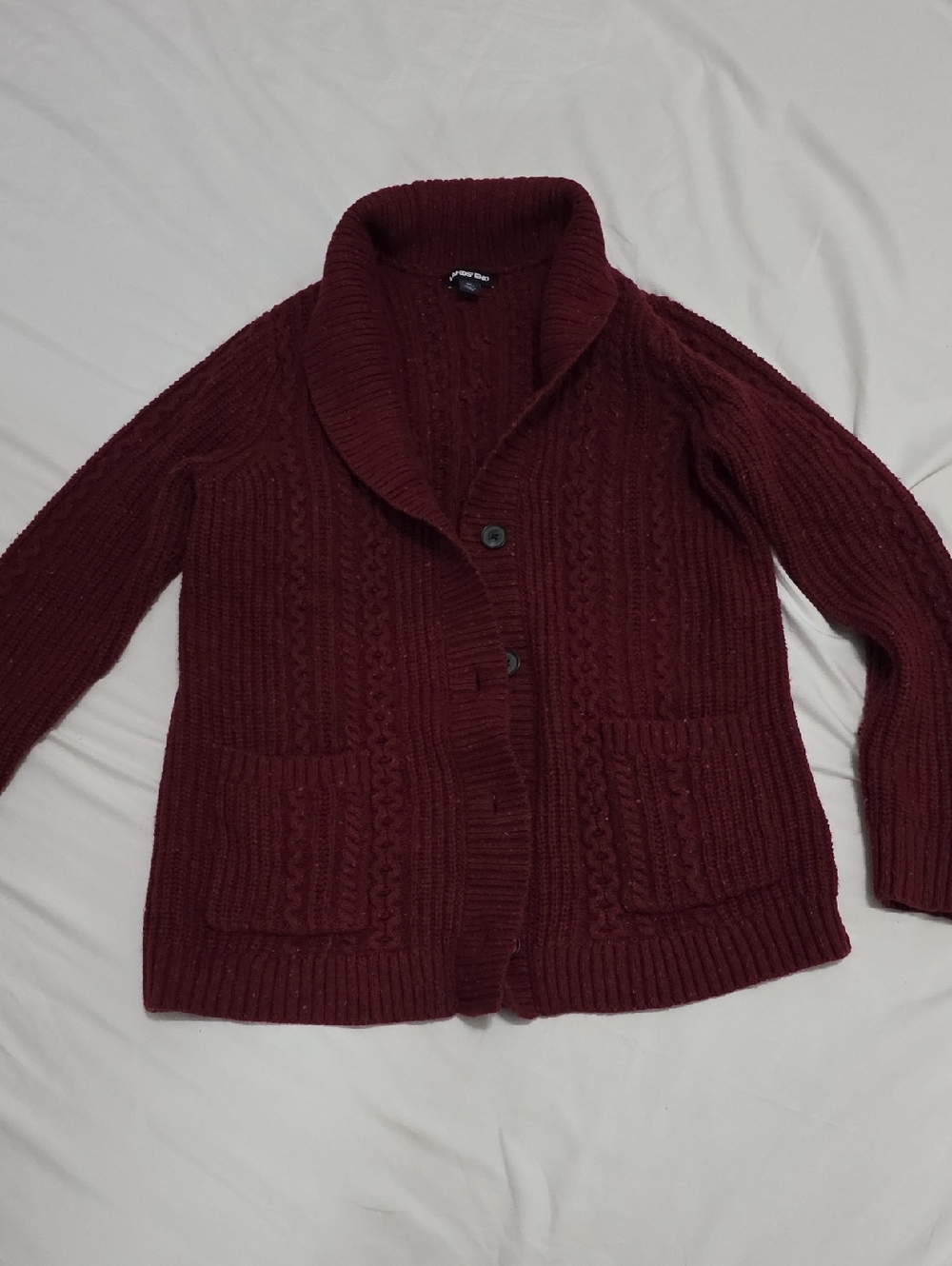 Lands' End Burgundy Shawl-Collar Cable-Knit Cardigan